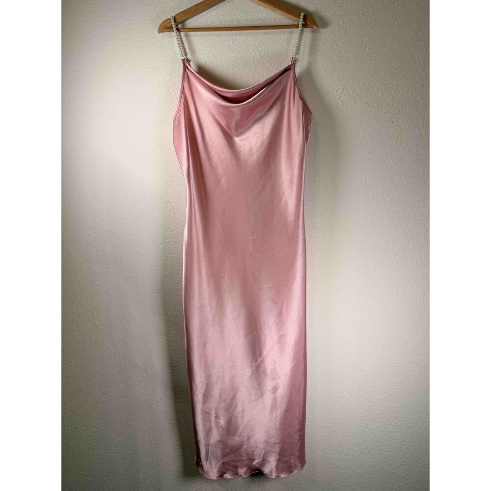 Bebe Pink Satin Cowl Neck Pearl Strap Slip Dress Size M